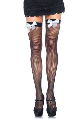 Чулки сетка с белым бантом Leg Avenue Fishnet Thigh Highs OS Black With Bow White - фото