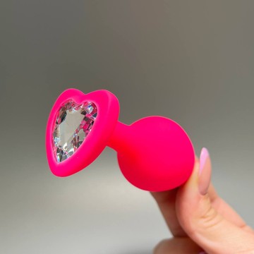 Анальная пробка розовая со съемным кристаллом Loveshop Pink Silicone Heart White (3,5 см) - фото