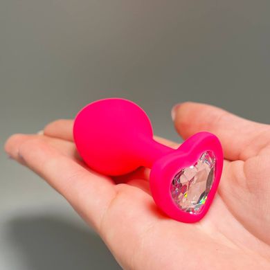 Анальная пробка розовая со съемным кристаллом Loveshop Pink Silicone Heart White (3,5 см) - фото