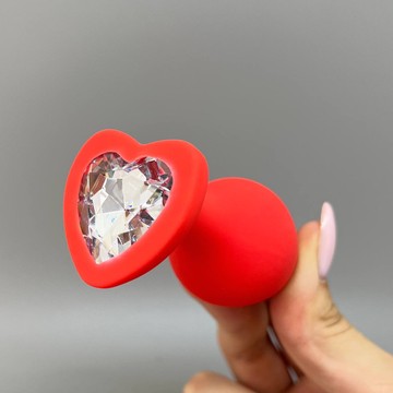 Анальна пробка червона зі знімним кристалом Loveshop Red Silicone Heart White (3,5 см) - фото