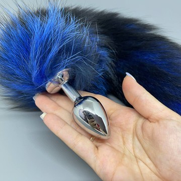 Анальна пробка з хвостом (2,5 см) RUNYU S DARK BLUE из натурального меха (недоліки лакового покриття)