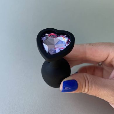 Силіконова анальна пробка сердечко - чорна з бузковим кристалом (2,8 см) - фото