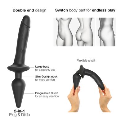 Strap-On-Me Switch plug-in realistic dildo black - подвійний фалоімітатор з анальною пробкою L 4,5 см (пом'ята упаковка) - фото