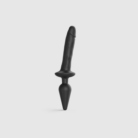 Strap-On-Me Switch plug-in realistic dildo black - двойной фаллоимитатор с анальной пробкой L 4,5 см (мятая упаковка) - фото