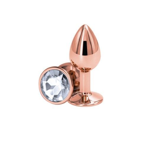 Анальна пробка золотиста (3,2 см) NS Novelties Rear Assets Rose Gold Small Clear з білим кристалом - фото