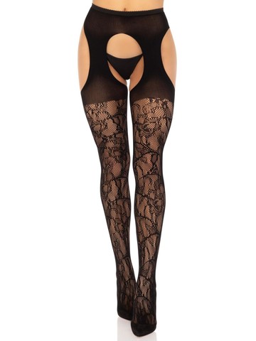 Еротичні колготки Leg Avenue Eyelet lace suspender hose Black One Size - фото