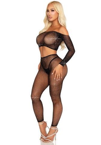 Эротический комплект Leg Avenue Rhinestone Fishnet Crop Top and Legging One Size Black - фото