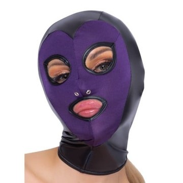 Маска для БДСМ чорно-фіолетова з відкритими очима та ротом Bad Kitty Open mouth and eyes BDSM head mask One Size