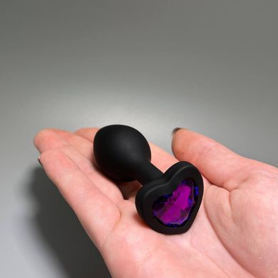 Анальная пробка черная со съемным кристаллом Loveshop Black Silicone Heart Violet (2,8 см) - фото