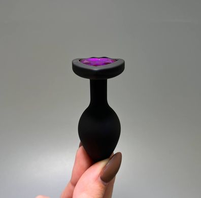 Анальная пробка черная со съемным кристаллом Loveshop Black Silicone Heart Violet (2,8 см) - фото