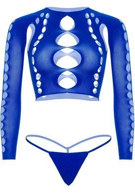 Эротический комплект Leg Avenue Long sleeve crop top & string Royal Blue One Size - фото