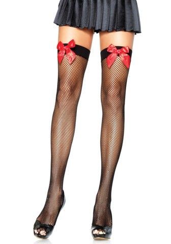 Чулки сетка с красным бантом Leg Avenue Fishnet Thigh Highs OS Black With Bow Red - фото