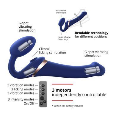Страпон с вибрацией и вакуумом Strap-On-Me MULTI ORGASM L Blue - фото
