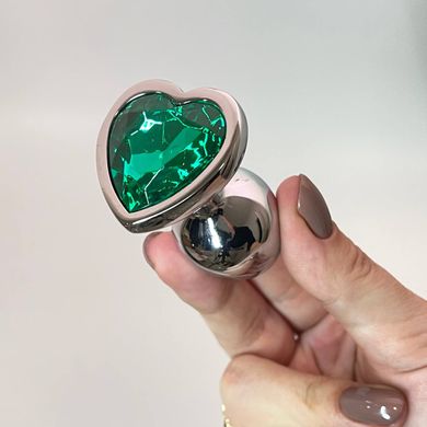 Анальная пробка с кристаллом Boss Silver Heart PLUG Green S (2,7 см) (недостатки лакового покрытия) - фото