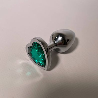 Анальная пробка с кристаллом Boss Silver Heart PLUG Green S (2,7 см) (недостатки лакового покрытия) - фото
