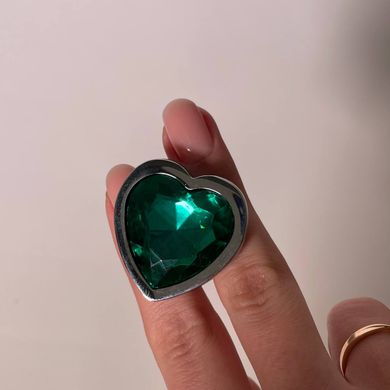 Анальна пробка з кристалом Boss Silver Heart PLUG Green S (2,7 см) (недоліки лакового покриття) - фото