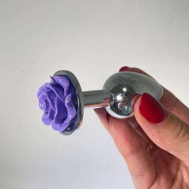 Анальная пробка с кристаллом в виде розы Boss Dark Silver PLUG Purple S (2,7 см) (недостатки лакового покрытия) - фото