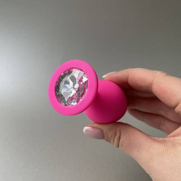 Силіконова анальна пробка - розовая з білим кристалом (3,5 см) - фото