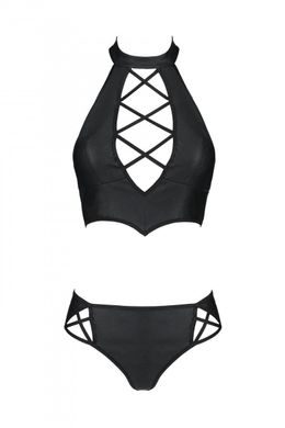 Комплект из эко-кожи: бра и трусики с имитацией шнуровки Nancy Bikini black L/XL - фото