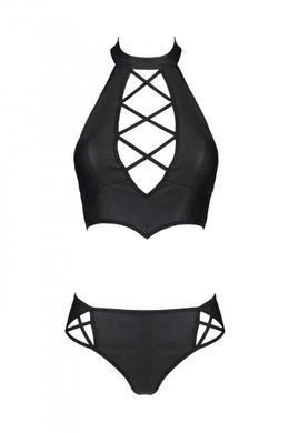 Комплект из эко-кожи: бра и трусики с имитацией шнуровки Passion Nancy Bikini black L/XL - фото