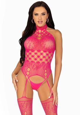 Бодістокінг з імітацією панчіх Leg Avenue High neck lace bodystocking One size Raspberry - фото