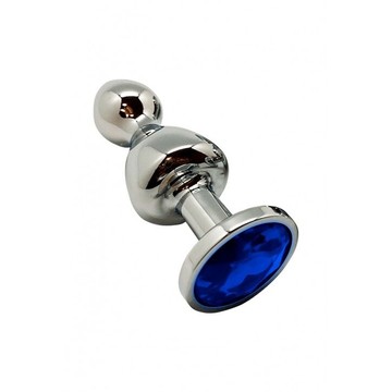 Анальная пробка с кристаллом Wooomy Lollypop Double Ball Metal Plug Blue M (3,1 см) - фото