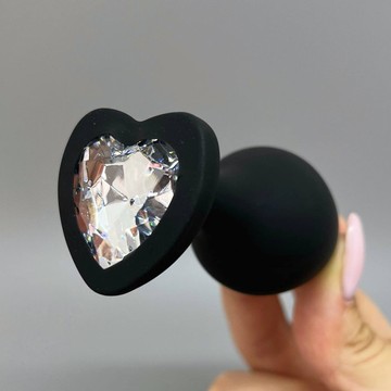 Анальна пробка з зйомним кристалом Loveshop Black Silicone Heart (3,5 см) - фото