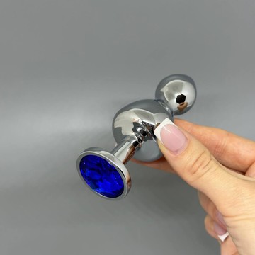 Анальная пробка с кристаллом Wooomy Lollypop Double Ball Metal Plug Blue L (3,5 см) - фото