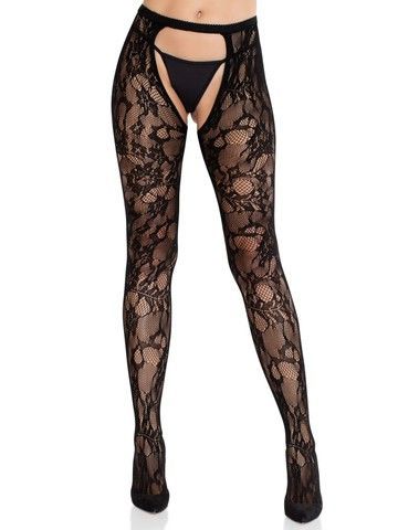 Эротические колготки Leg Avenue Rose Lace Crotchless Tights with Open One Size Black - фото