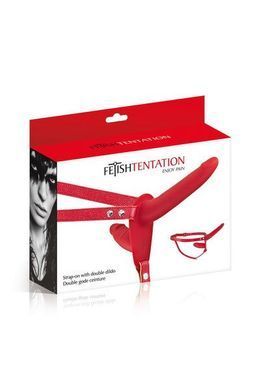 Подвійний страпон червоний Fetish Tentation Strap-On with Double Dildo (пом'ята упаковка) - фото