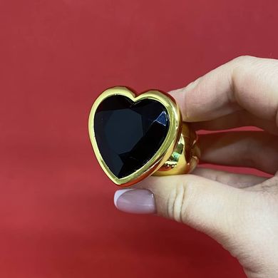 Золота анальна пробка сердечко з чорним кристалом (2,8 см) - фото