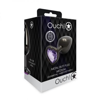 Анальна пробка зі стразом (3,4 см) Ouch! Heart Gem M чорний/фіолетовий - фото