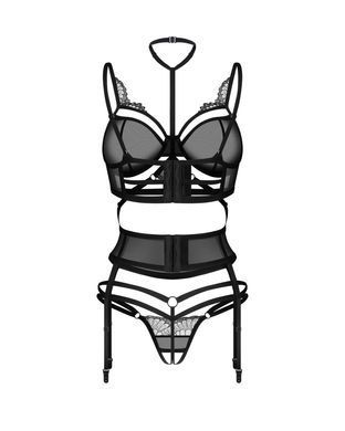 Эротический комплект Obsessive Premisis Black 3-pcs crotchless set S/M - фото