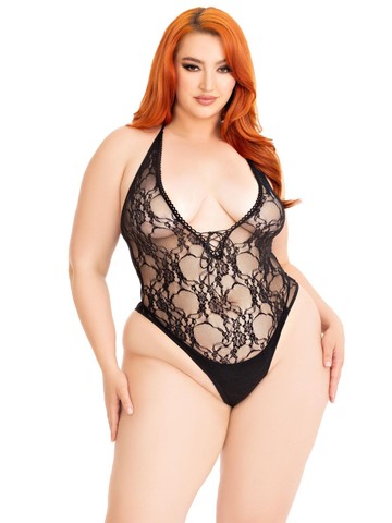 Еротичне боді Leg Avenue Floral lace deep-V teddy Black 1X–2X