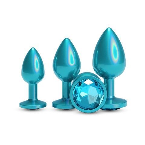 Набір анальних пробок бірюзовий (3,2; 3,4; 4,2 см) NS Novelties Rear Assets Trainer Kit Iridescent Teal Teal Gem з бірюзовим кристалом - фото