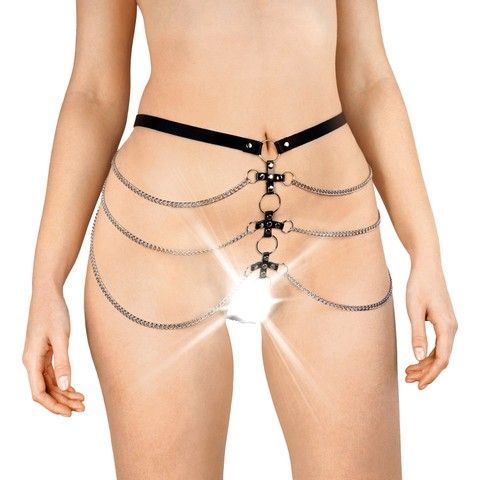 Кожаные трусики с цепочками Art of sex Cross black XS-M