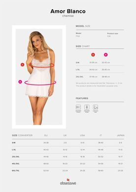 Сорочка та трусики Obsessive Amor Blanco underwire chemise & thong white S/M