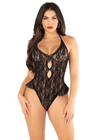 Эротическое боди Leg Avenue Lace Floral Lace Halter Teddy with Flutter Accent OS Black