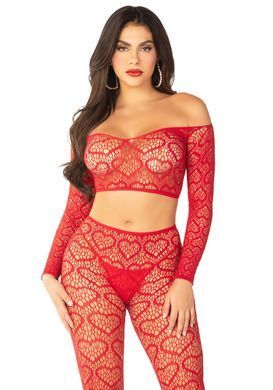 Еротичний комплект Leg Avenue Off The Shoulder Top and Footless Tights One Size Red - фото