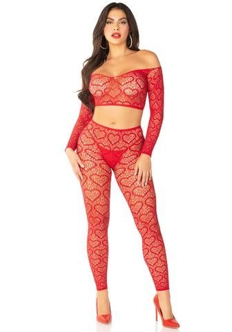 Эротический комплект Leg Avenue Off The Shoulder Top and Footless Tights One Size Red - фото