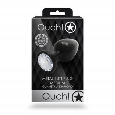 Анальна пробка зі стразом (3,4 см) Ouch! Round Gem М чорний/білий - фото