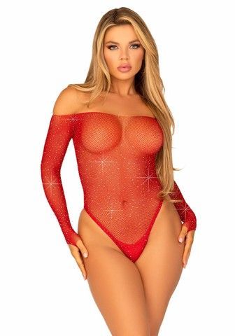 Эротическое боди Leg Avenue Crystalized fishnet bodysuit Red OS