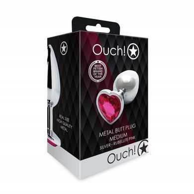 Анальна пробка зі стразом  (3,4 см) Ouch! Heart Gem M сріблястий/рожевий - фото