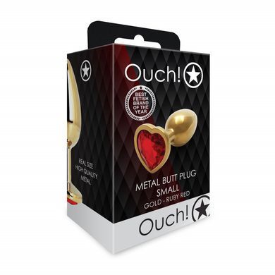 Анальная пробка со стразом (2,7 см) Ouch! Heart Gem S золотистый/красный - фото