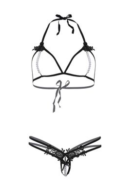 Эротический комплект ажурного белья Leg Avenue Open cup bra and pearl panty One Size - фото